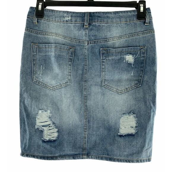 Vanilla Star Medium Wash Denim Distressed Pencil Straight Jean Skirt Size 7/8 - Picture 2 of 10